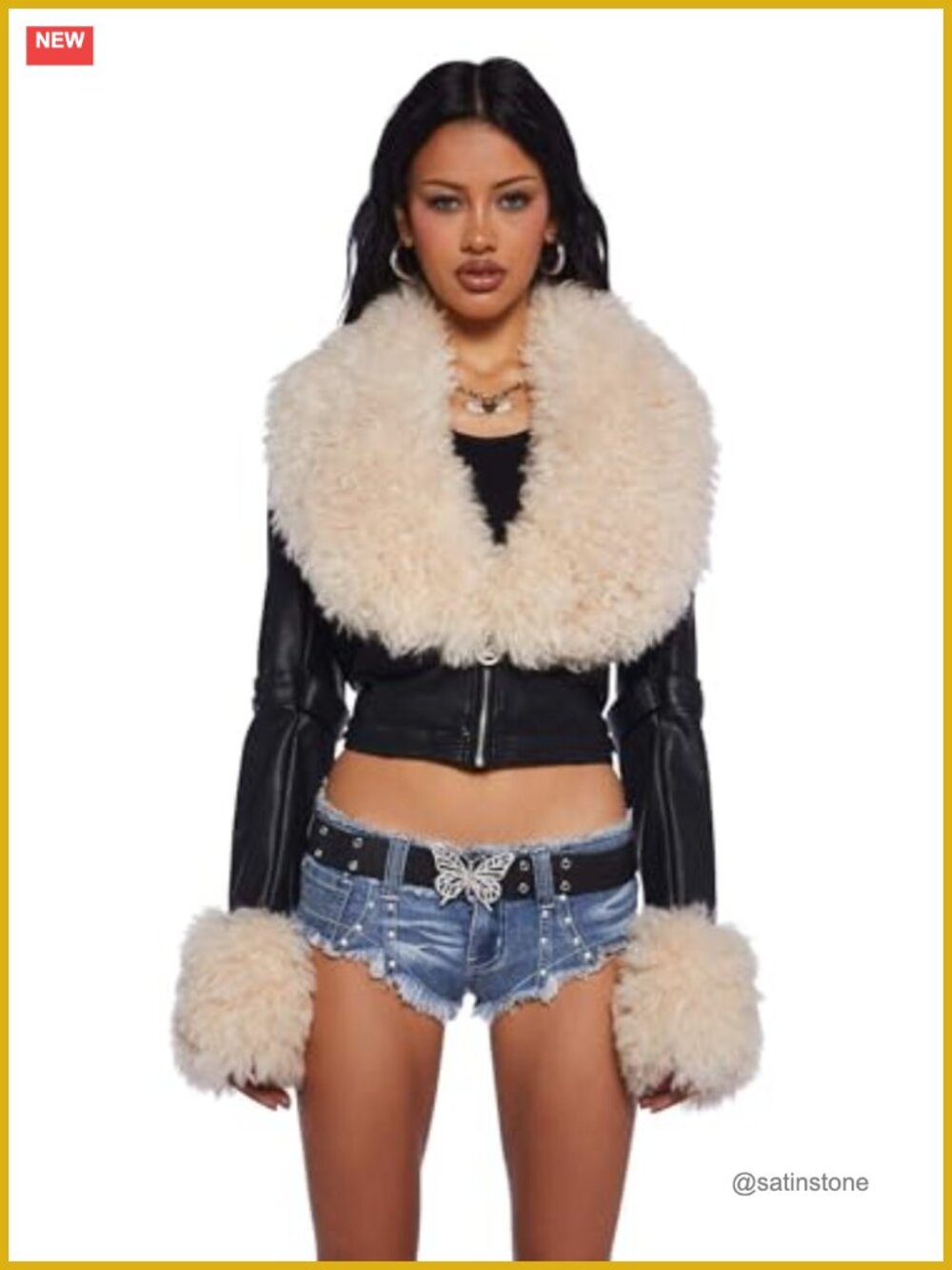 Crop Vegan Leather Moto Jacket with Faux Fur Trim